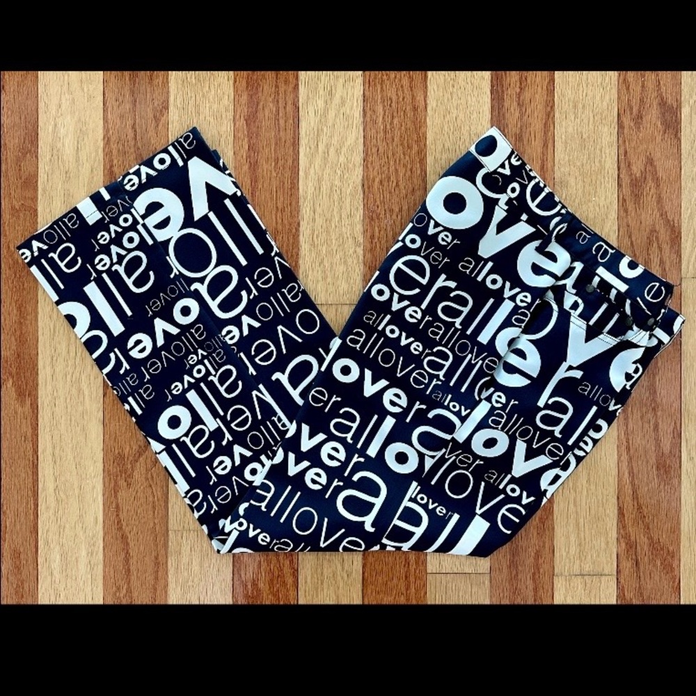 1990s MOSCHINO JEANS LOVE ALL OVER PANTS TROUSERS BLACK CREAM NANNY FINE US 12 - Picture 2 of 9